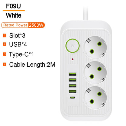 EU Plug Outlet Power Strip With Extension Cord USB Type C PD Ports Electrical Sockets Multiprise Smart Home Round Pin AC Adapter