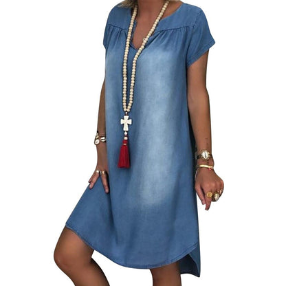 Denim Dress S-5xl Women's NEW Fashion Casual Solid Sexy V Neck Long Party Loose платье Short Sleeve Swing Summer Dress