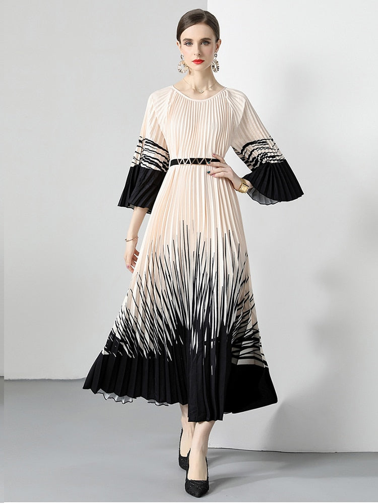 Miyake New Summer Pleated Long Dress Women O-Neck Lace-up Belt Print Loose Large Size Vintage Party Party Maxi Dress 2023