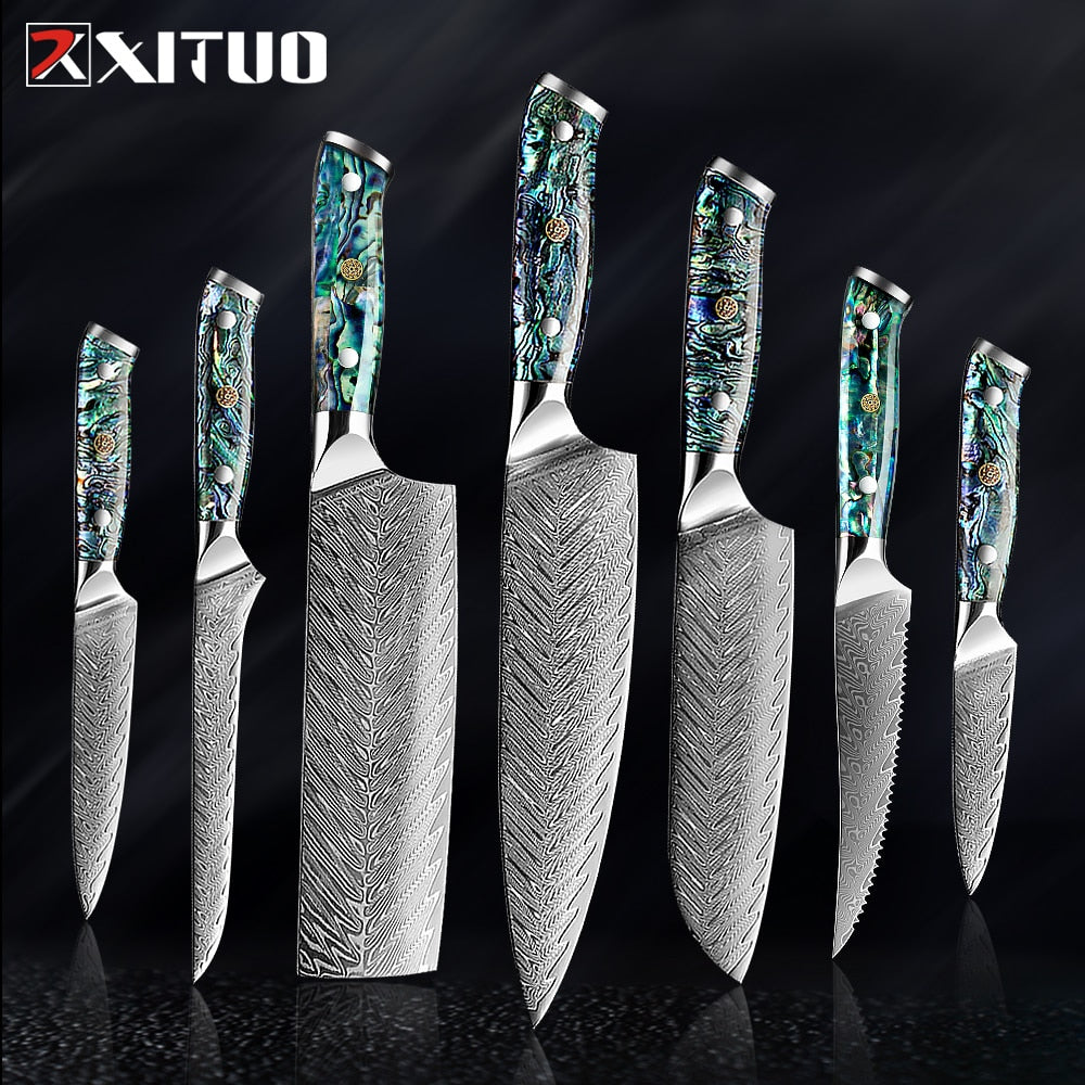 XITUO 1-5 PCS Damascus Steel knife Set Kitchen Cooking Tools Chef Knife Japanese Santoku Boning knife Exquisite Shell Handle