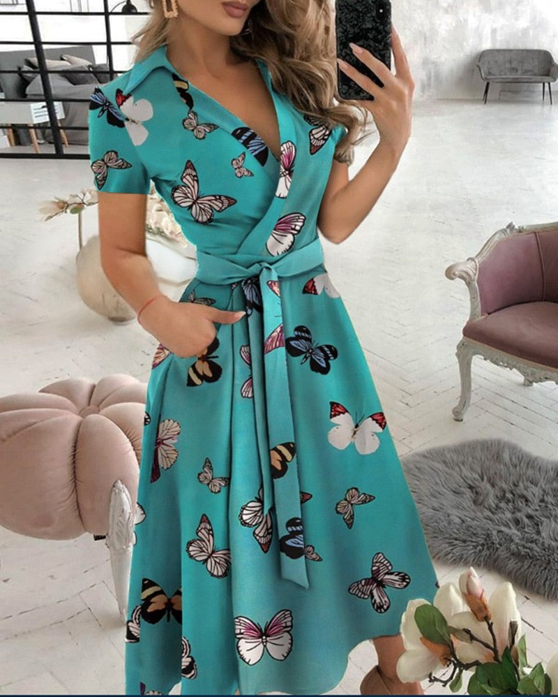 Spring And Summer Women&#39;s Fashion Long Sleeve V-Neck Butterfly Print Wrapped Hip Dress Women&#39;s Red Pocket Lace Up Slim Fit Dress