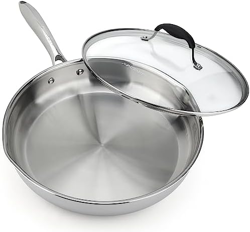 12 Inch Stainless Steel Frying Pan with Lid, Side Spouts, Induction Pan, Versatile Stainless Steel Skillet, Fry Pan in our Pots