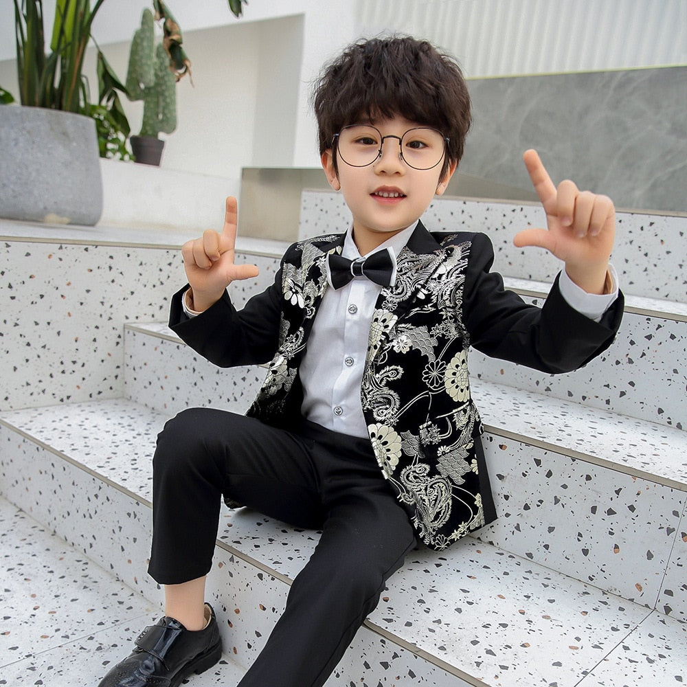 Children Formal Dress Kids Flower Jacket Pants Bowtie 3PCS  Piano Costume Boys Bronzing Show Host Handsome Photography Suit
