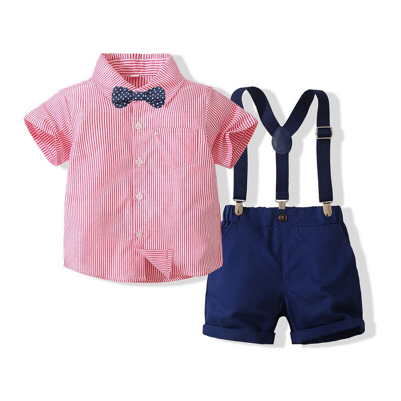 Summer Baby Boys Party Dress Suit Cotton Short Sleeve With Shirt + Belt Shorts 2PCS Outfits Kids Boys Gentleman Clothes Sets