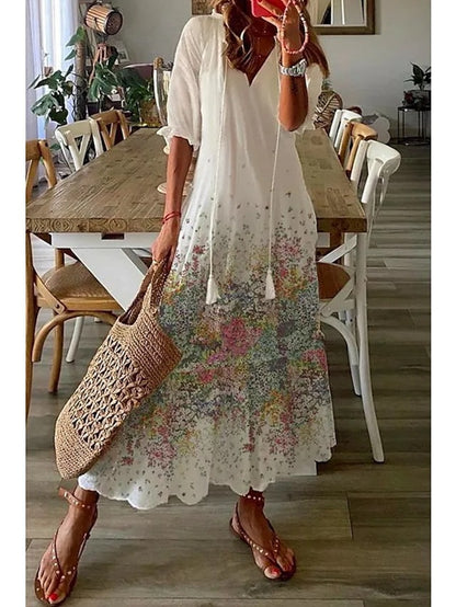 Boho Maxi Dress Women Summer 2023 V Neck Loose Long Dresses Geometric Print Vintage Holiday Beach Casual Tie Up Female Vestidos