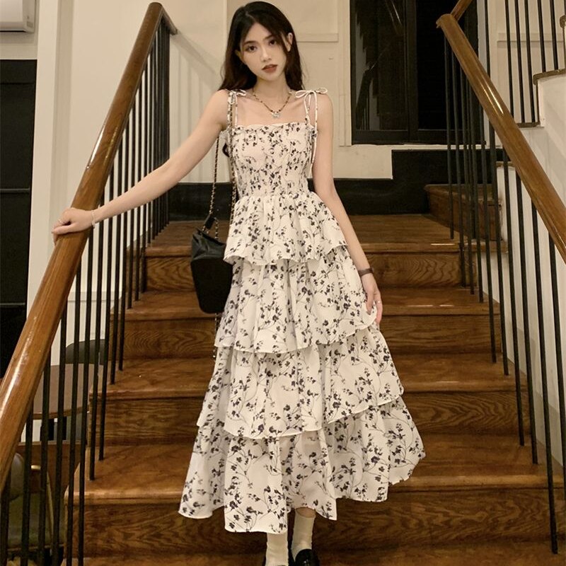 Deeptown Y2k Korean Style One Piece Floral Dress Women Vintage Elegant Layered High Waist Black Long Slip Fairy Dresses Summer