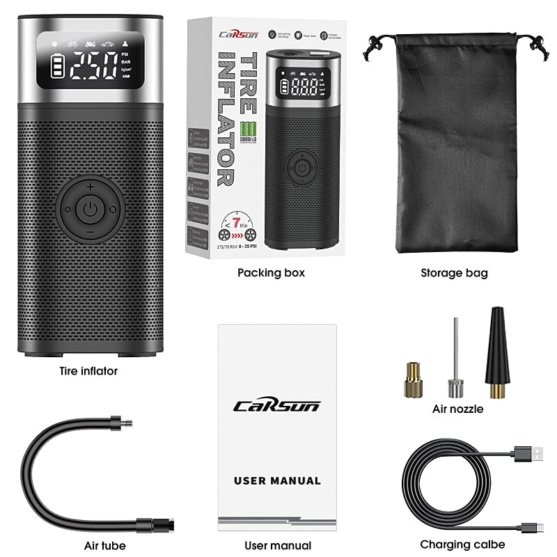 CARSUN Rechargeable Car Air Inflator Pump With LED Lamp For Car Motorcycle Bicycle Tyre Ball Wireless Mini Auto 120PSI Tire Pump
