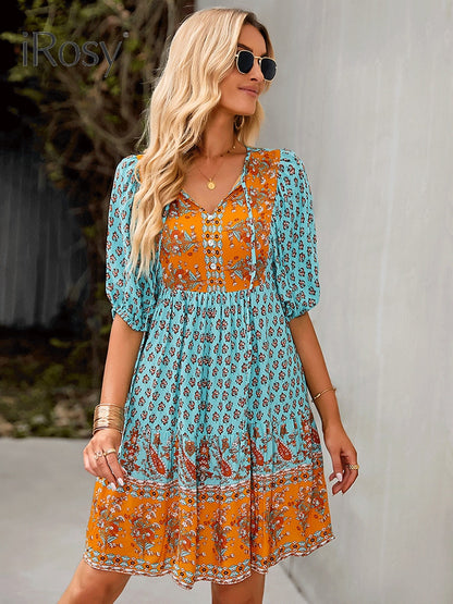 Elegant and Chic Fixed Pattern Design Short Lanten Sleeve Bohemian Dress for Women Summer Vacation Home Viscose Dresses Clothing