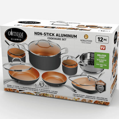 Diamond 12 Piece Cookware Set, Non-Stick Copper Coating, Includes Skillets, Frying Pans and Stock Pots, Dishwasher and Oven Safe