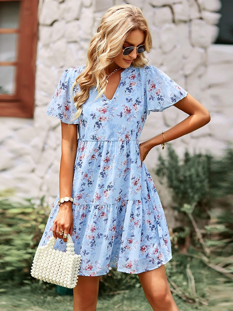 Msfilia Fashion Floral Dress Women Spring Autumn V Neck Short Sleeve Loose Chic Printed Dresses