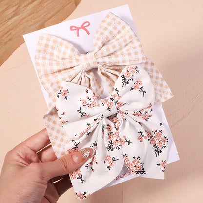 2Pcs/set Women Girls Sweet Solid Bowknot Hair Clips Print Bows Hairpins Ribbon Barrettes Duckbill Clip Headwear Hair Accessories