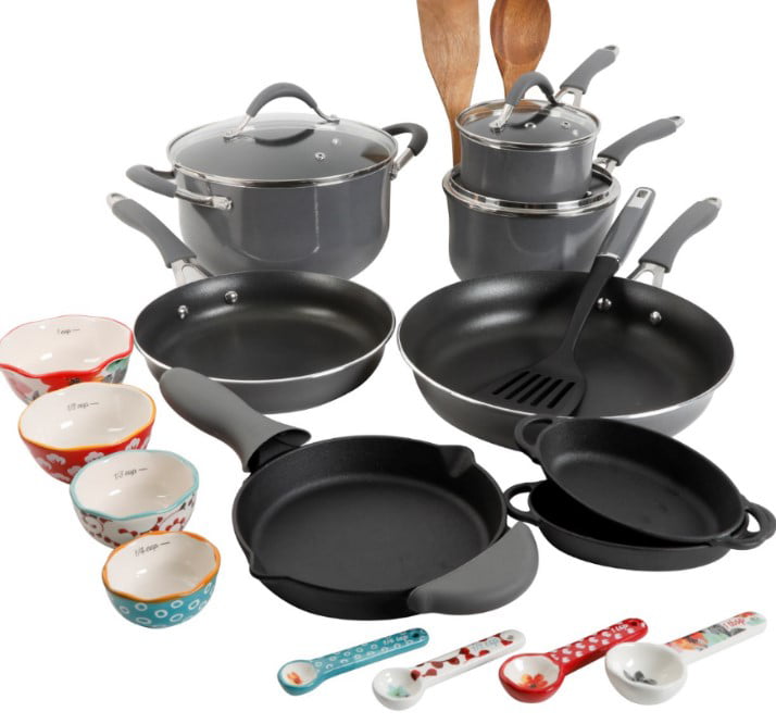 The Pioneer Woman Frontier Speckle 24-Piece Aluminum Non-Stick Cookware Combo Set, Red