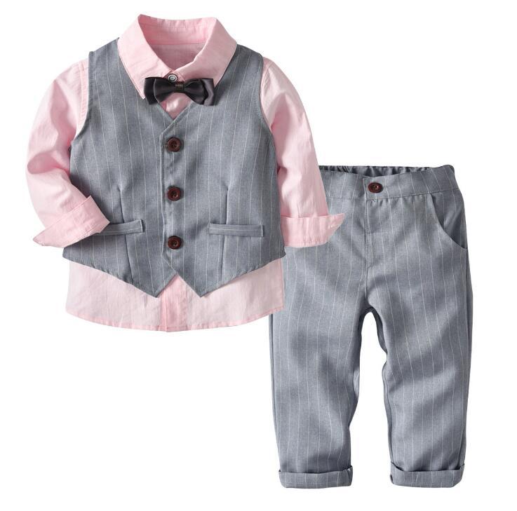 Baby Boy Clothes Birthday Party Baby Costume Boys Gentleman Tie Blue Shirt Vest Pants Autumn Toddler Baby Clothing Set Outfits