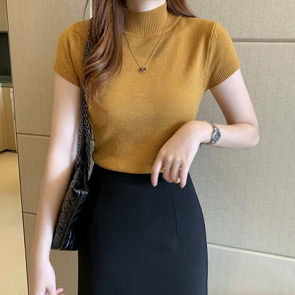 2023 New Casual Knitted Women Tops Women Clothing Blusas Summer Solid Slim Turtleneck Blouse Fashion Chic Korean Clothes 8622