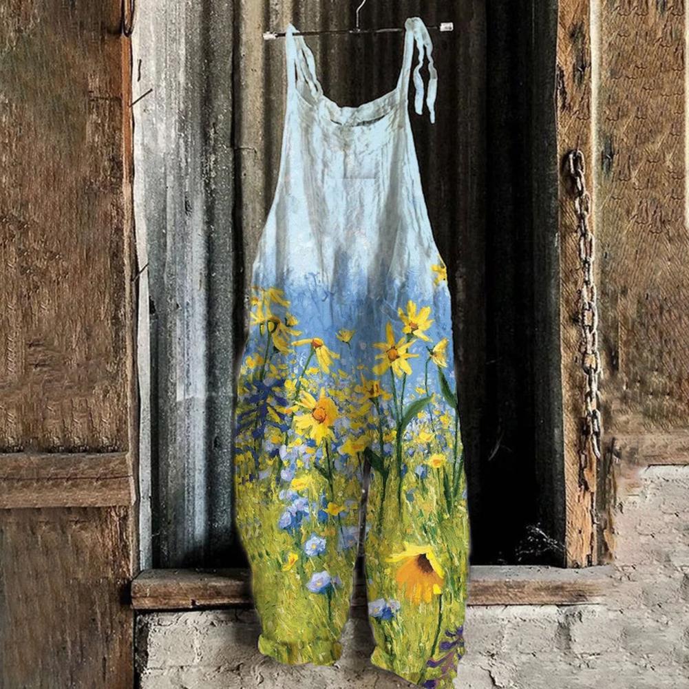 Summer Romper Streetwear Printed Jumpsuit Thin Breathable  Creative Vintage Floral Print Elegant Women Jumpsuits