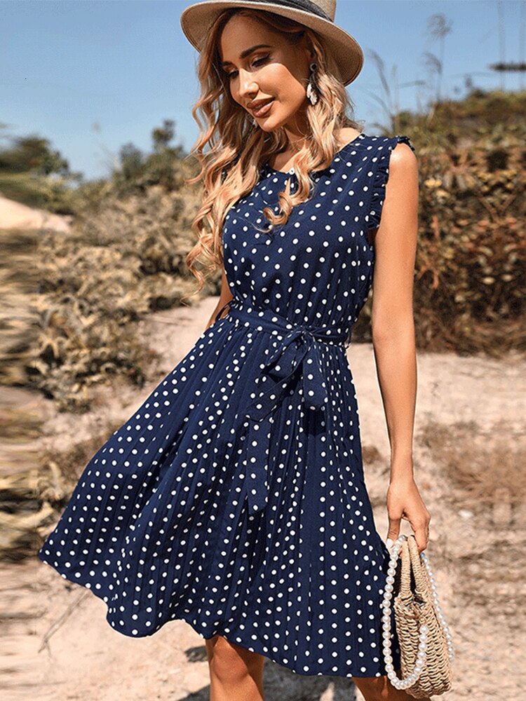 2022 New Summer Pleated High Waist Dress Women&#39;s Elegant Royal Blue Midi Polka Dots Dresses Female Office Dinner Party Vestidos