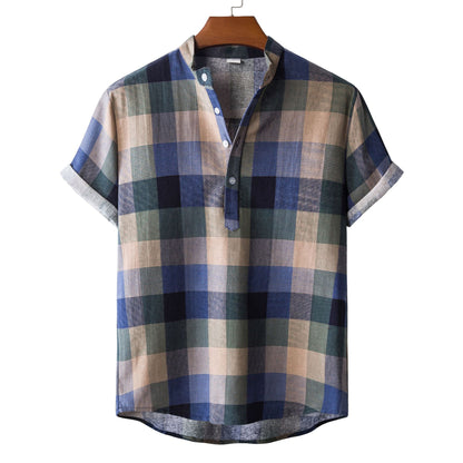 Retro Men's Shorts Sleeve Shirts Mandarin Collar Casual Pullover Half Button Loose Plaid Comfy Shirt For Summer with Pocket