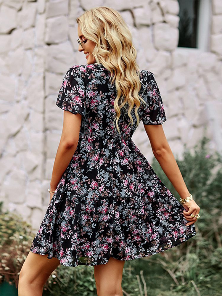 Msfilia Fashion Floral Dress Women Spring Autumn V Neck Short Sleeve Loose Chic Printed Dresses