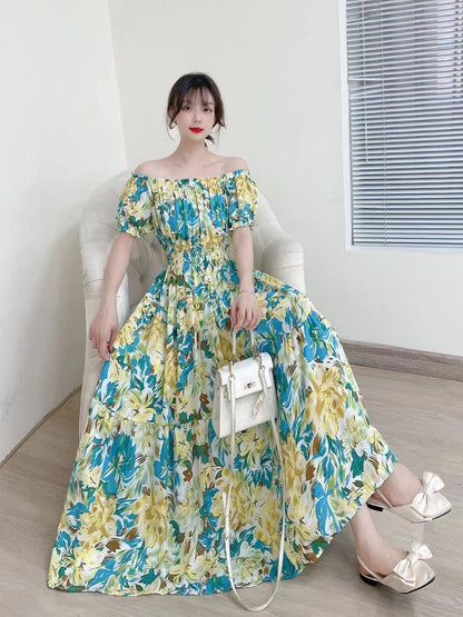 Summer Women Dress Loose Korean Style Bohemian Floral Cotton Beach Off-Shoulder Print Casual Vintage Vestidos Robe Maxi Dresses