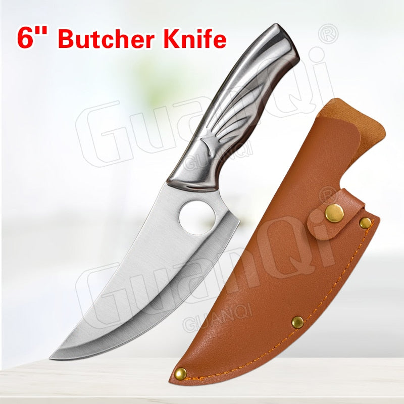 Handmade Forged Stainless Steel Kitchen Knife Cleaver Chinese Butcher Boning Knife Pig Beef Cutting Knife with Knife Wood Handle