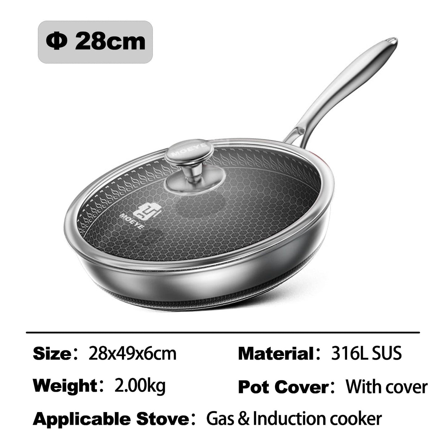 MOEYE Frying Pan 316L Stainless Steel Pan 28/30/32 Kitchen Nonstick Pan Cooking Skillet Kitchen Nonstick Skillet Induction Pan