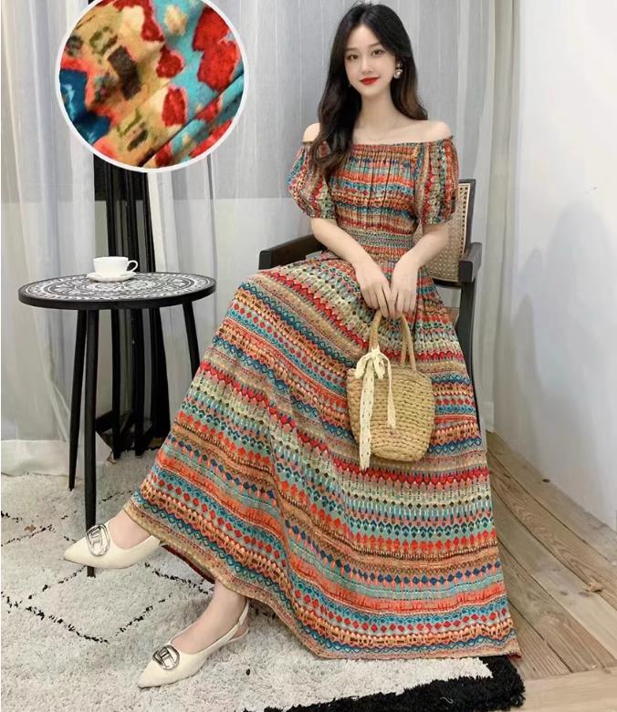 Summer Women Dress Loose Korean Style Bohemian Floral Cotton Beach Off-Shoulder Print Casual Vintage Vestidos Robe Maxi Dresses