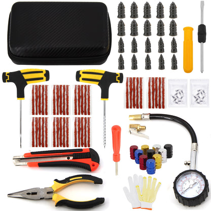 Car Tire Repair Tool Kit Studding Set Auto Bike Puncture Plug Garage Needle Nose Pliers Vacuum Film Nail Screws W/ Storage Case