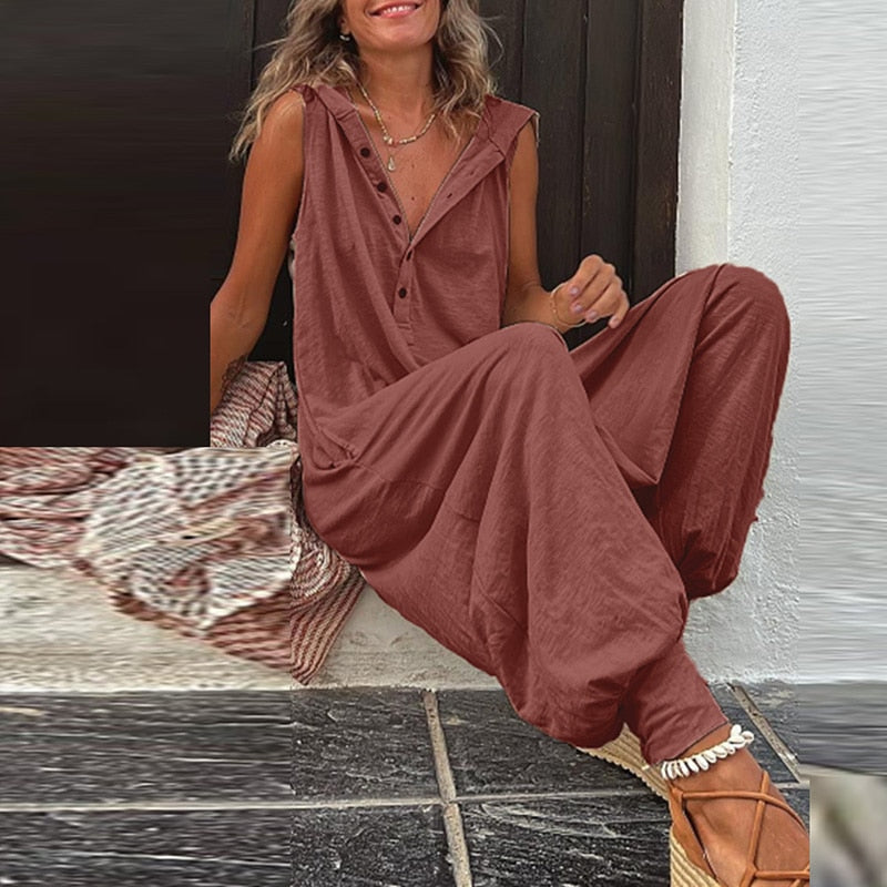 Vintage Button Jumpsuit Summer Women Causal Beach Cross-pants Playsuit Fashion Loose Solid Sleeveless Hooded Romper Streetwear