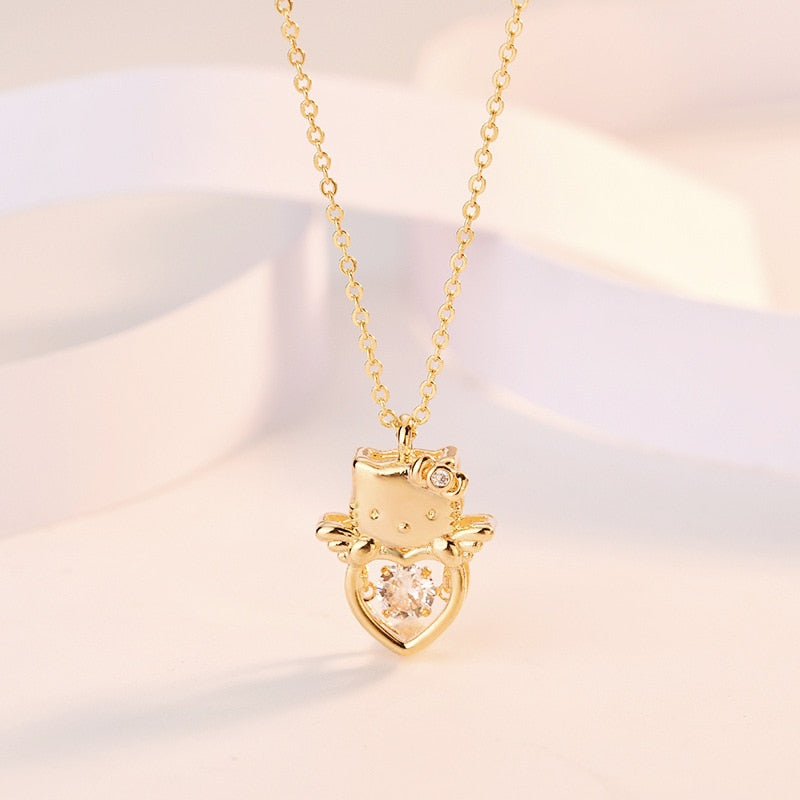 Lovely Cartoon Hellokitty Sanrio Anime Kids Chain Necklaces Cute Hollowed Kitty Crystal Necklace for Women Girls Birthday Gift