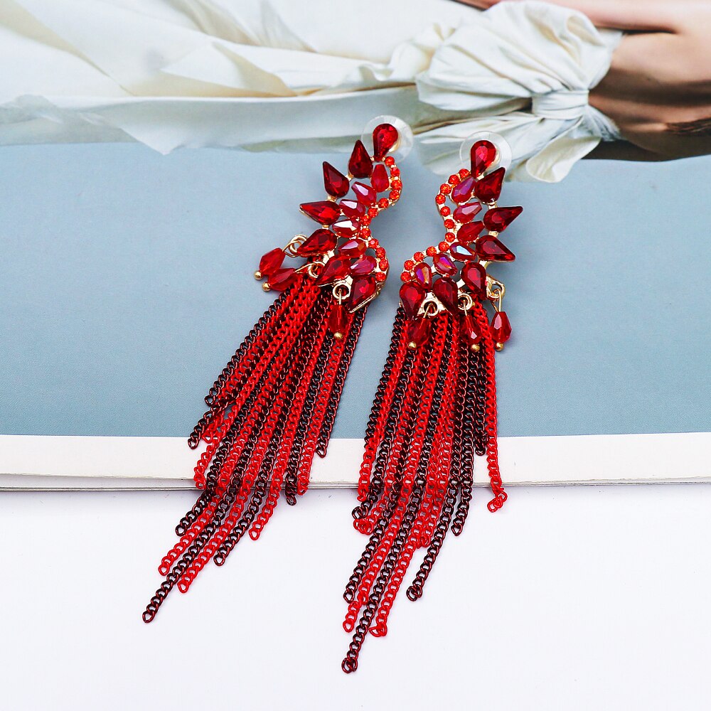 New Trendy Metal Chains Dangle Earring Red Rhinestone Long Tassel Earrings for Women 2023 Summer Jewelry Accessoires Femme