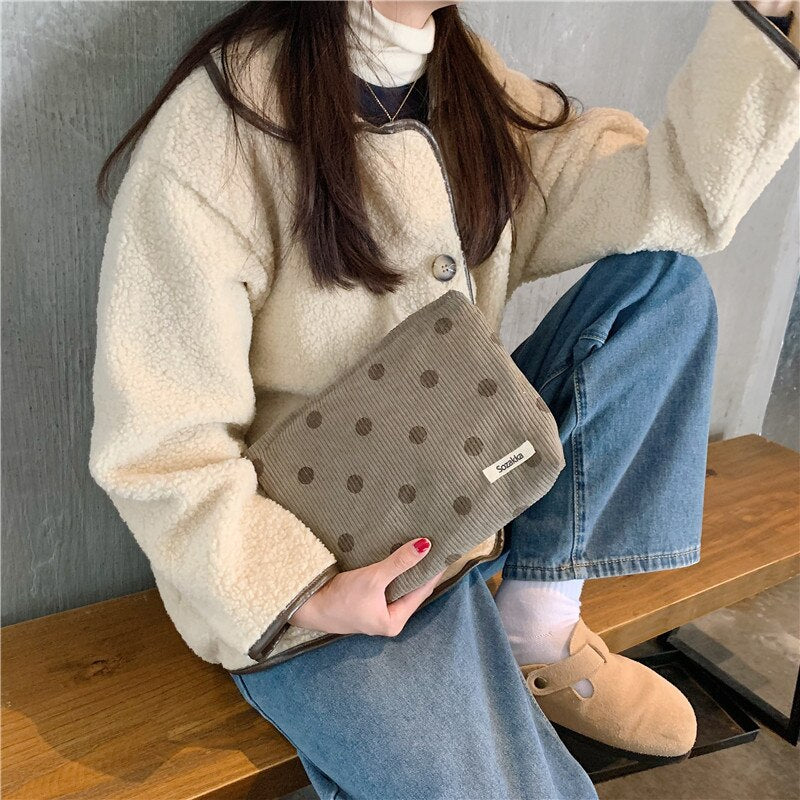 Japanese Style Corduroy Cosmetic Bag Women Handbags Purses Smile&amp;Dots Makeup Organizer Storage Makeup Bag Girls Pencil Case Bags