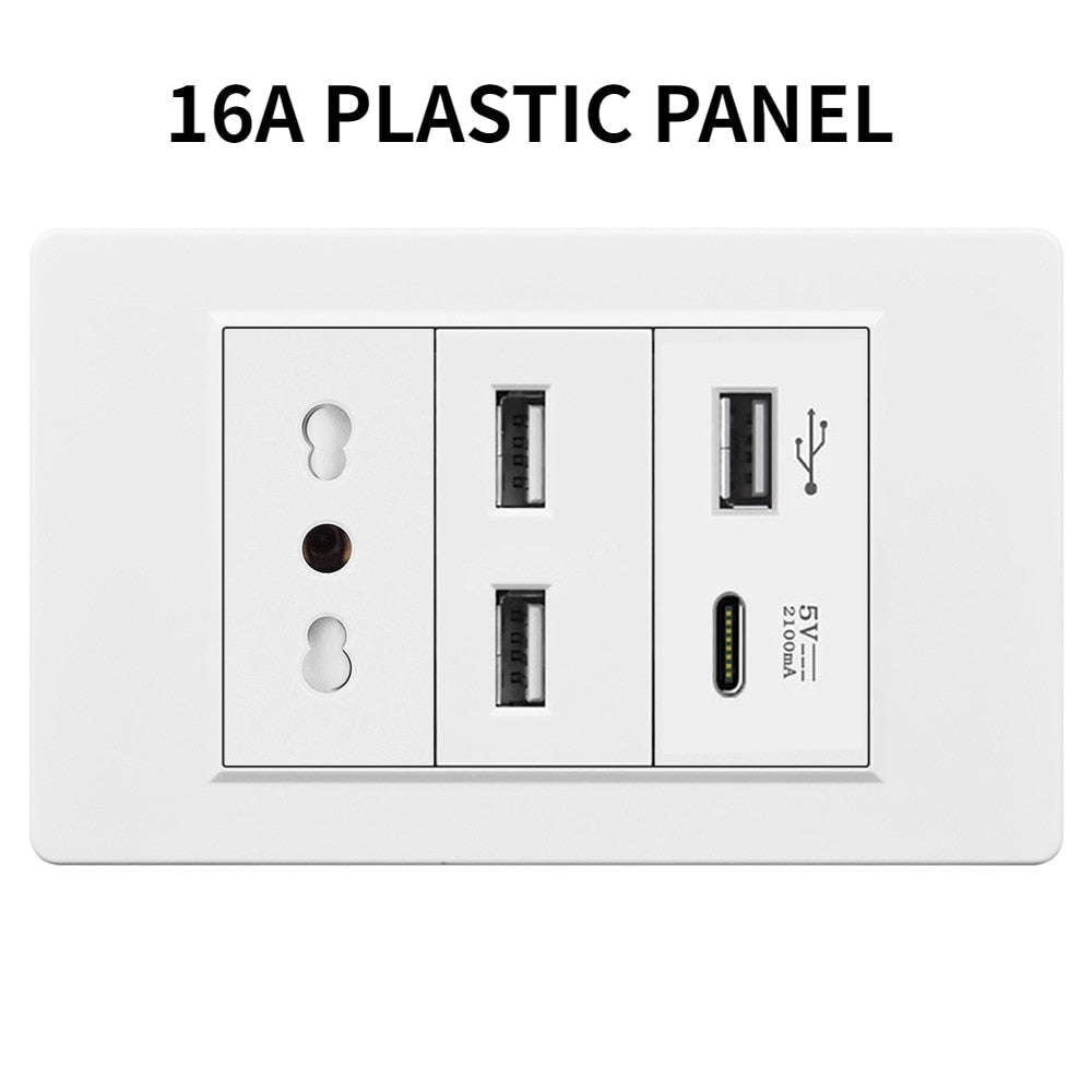 20A Brazil/US/Italy/Chile Plug Wall Sockets USB Type C Pressure Switch Plastic/ Tempered Glass 118 Panel Outlets Home Office