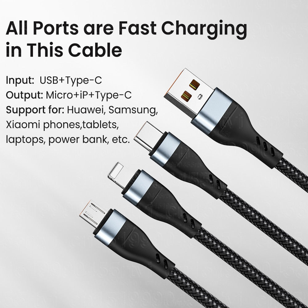 6A 3 in 1 SuperCharging Cable Micro USB Type-C Fast Charger Micro USB Type-C Data Cable For iPhone 14 13 Samsung Xiaomi Huawei