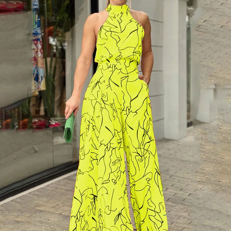Summer Sexy Halterneck Bodycon Sleeveless High Jumpsuit 2022 Women Abstract Print Jumpsuit Chic Streetwear Wide Leg Romper Mujer