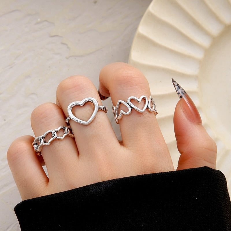 Vintage Hollow Heart Butterfly Rings Set For Women Metal Silver Color Geometric Spiral Shape Ring 22pcs Set 2023 Trendy Jewelry