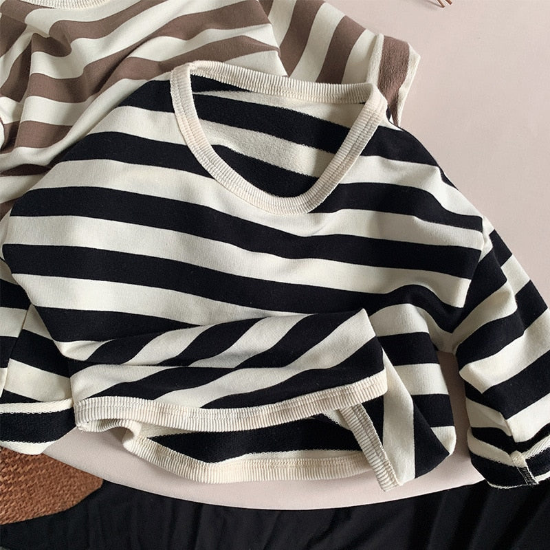 2023 Spring Autumn New Children Casual T Shirt Loose Kids Striped T Shirts Cotton Tee Boys Girls Long Sleeve Tops Baby Clothes