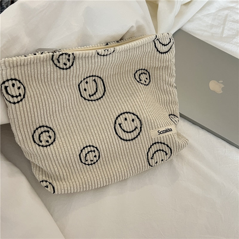 Japanese Style Corduroy Cosmetic Bag Women Handbags Purses Smile&amp;Dots Makeup Organizer Storage Makeup Bag Girls Pencil Case Bags