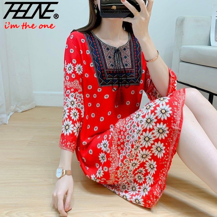 Women's Clothing Women Indian Dress Ready Stock Summer Vintage Causal Korean Style Beach Embroidery Tassel Floral Print Vestidos