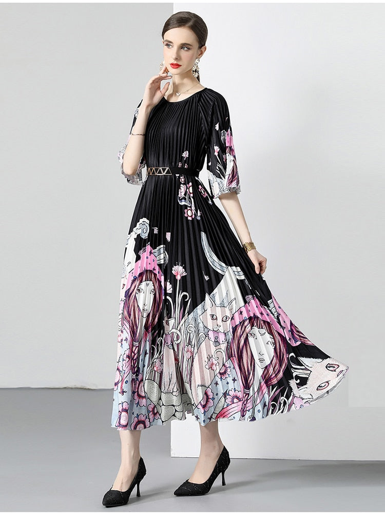 Miyake New Summer Pleated Long Dress Women O-Neck Lace-up Belt Print Loose Large Size Vintage Party Party Maxi Dress 2023