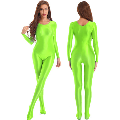 Womens Glossy Bodystocking Smooth Long Sleeve Oil Shiny Full Body Bodysuit Tights Swimsuit Fitness GYM Pole Dance Clubwear