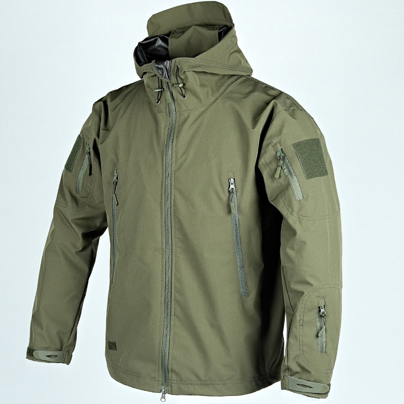 Spring and Autumn Thin Shark Skin Jacket Men&#39;s Hooded Multi Pocket Zipper Tactical Coat Men Outdoor Special Forces Combat Jacket