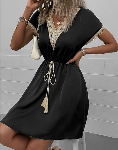 Women Elegante Mini Dress Summer Fashion V Neck Loose Lace Up Bohemian Dresses Female Casual Solid Short Sleeved Dress Vestidos