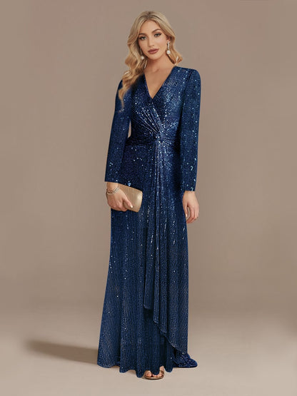 Lucyinlove Luxury Long Sleeve V-Neck Evening Dress 2023 Party Women Wedding Sequins For Female Guests Blue Prom Cocktail Dresses