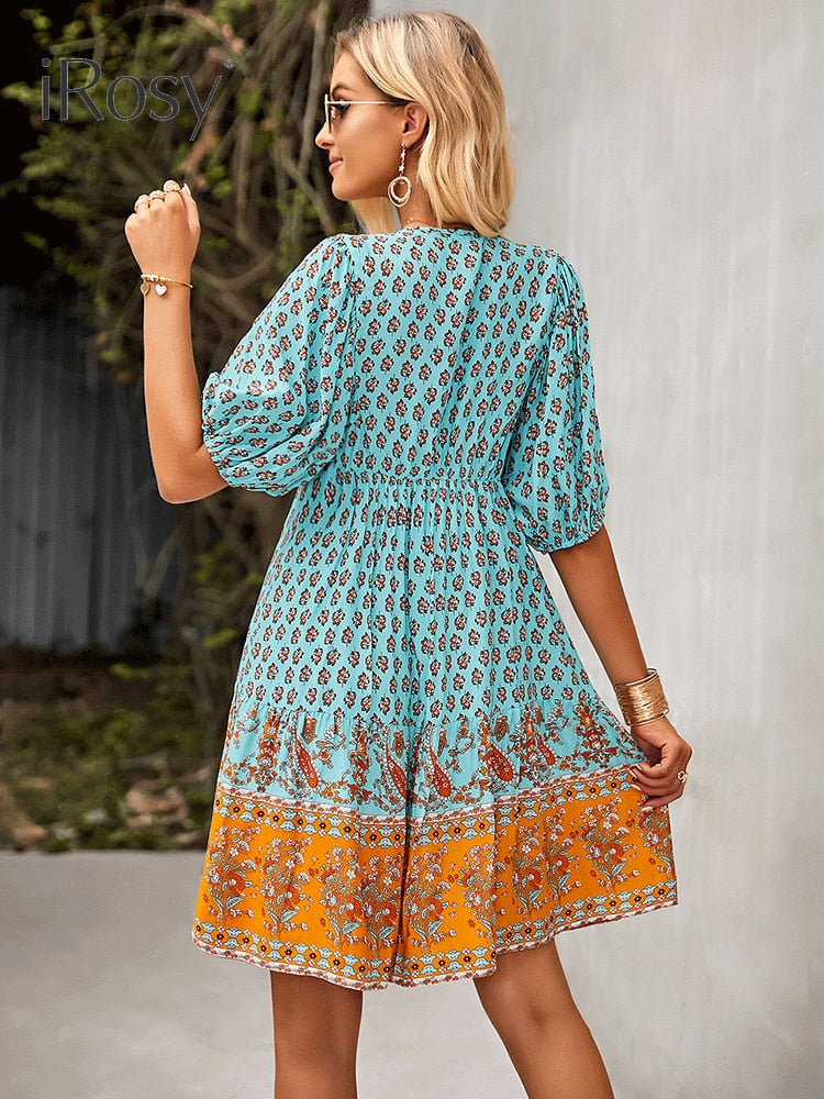 Elegant and Chic Fixed Pattern Design Short Lanten Sleeve Bohemian Dress for Women Summer Vacation Home Viscose Dresses Clothing