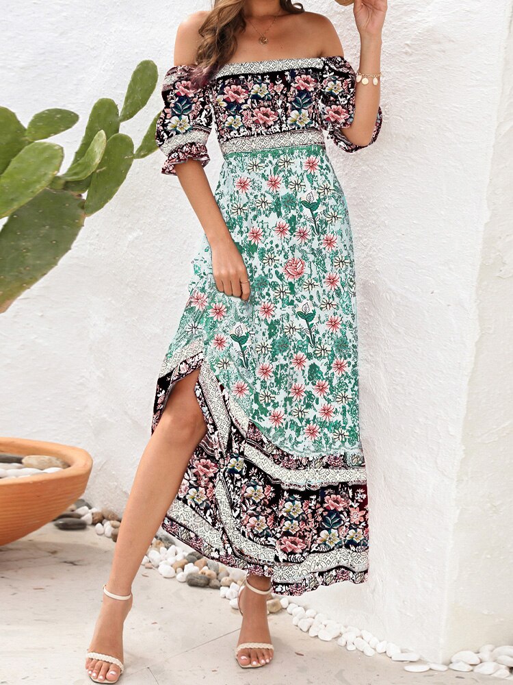 Boho Floral Print Long Dress Women Summer Beach Sundress Short Sleeve Square Neck Ruffle Pleated Dress Bohemian Casual Dresses