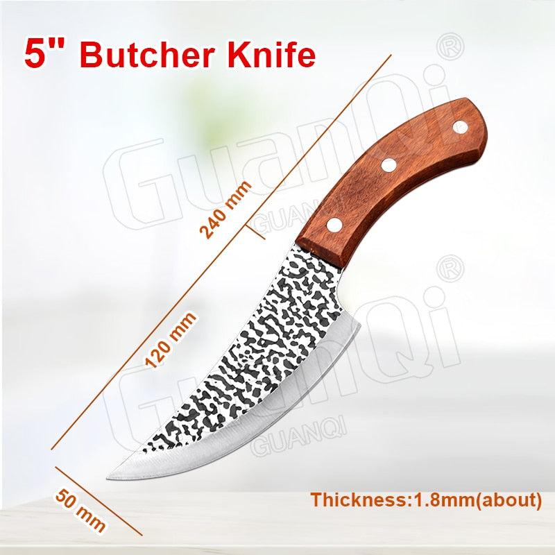 Handmade Forged Stainless Steel Kitchen Knife Cleaver Chinese Butcher Boning Knife Pig Beef Cutting Knife with Knife Wood Handle