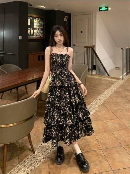 Deeptown Y2k Korean Style One Piece Floral Dress Women Vintage Elegant Layered High Waist Black Long Slip Fairy Dresses Summer