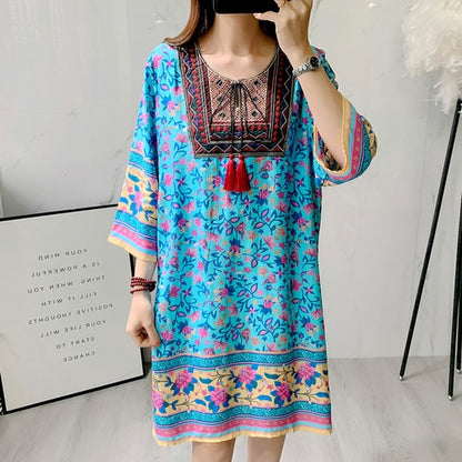 Women's Clothing Women Indian Dress Ready Stock Summer Vintage Causal Korean Style Beach Embroidery Tassel Floral Print Vestidos