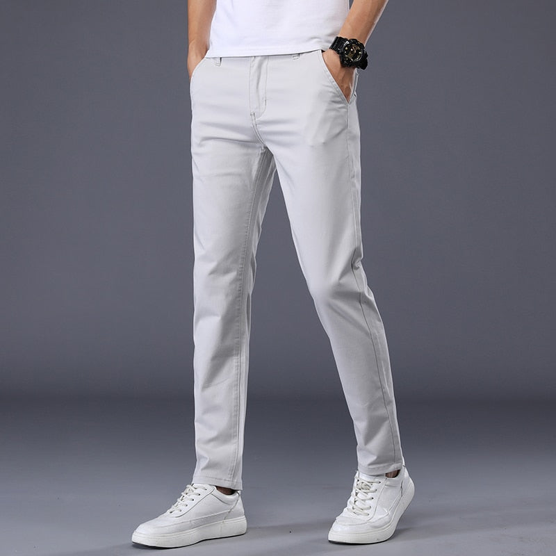 2023 New Summer Casual Pants Men 98%Cotton Solid color Business Fashion Slim Fit Stretch Gray Thin Trousers Male Brand Clothing