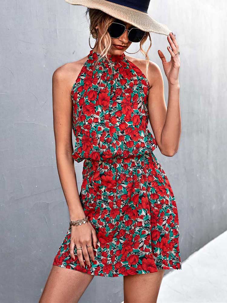 2023 Summer Short Floral Dress Women Sleeveless Mini Halter Boho Dress Ladies Sundress Flower Holiday Party Dress For Women Red